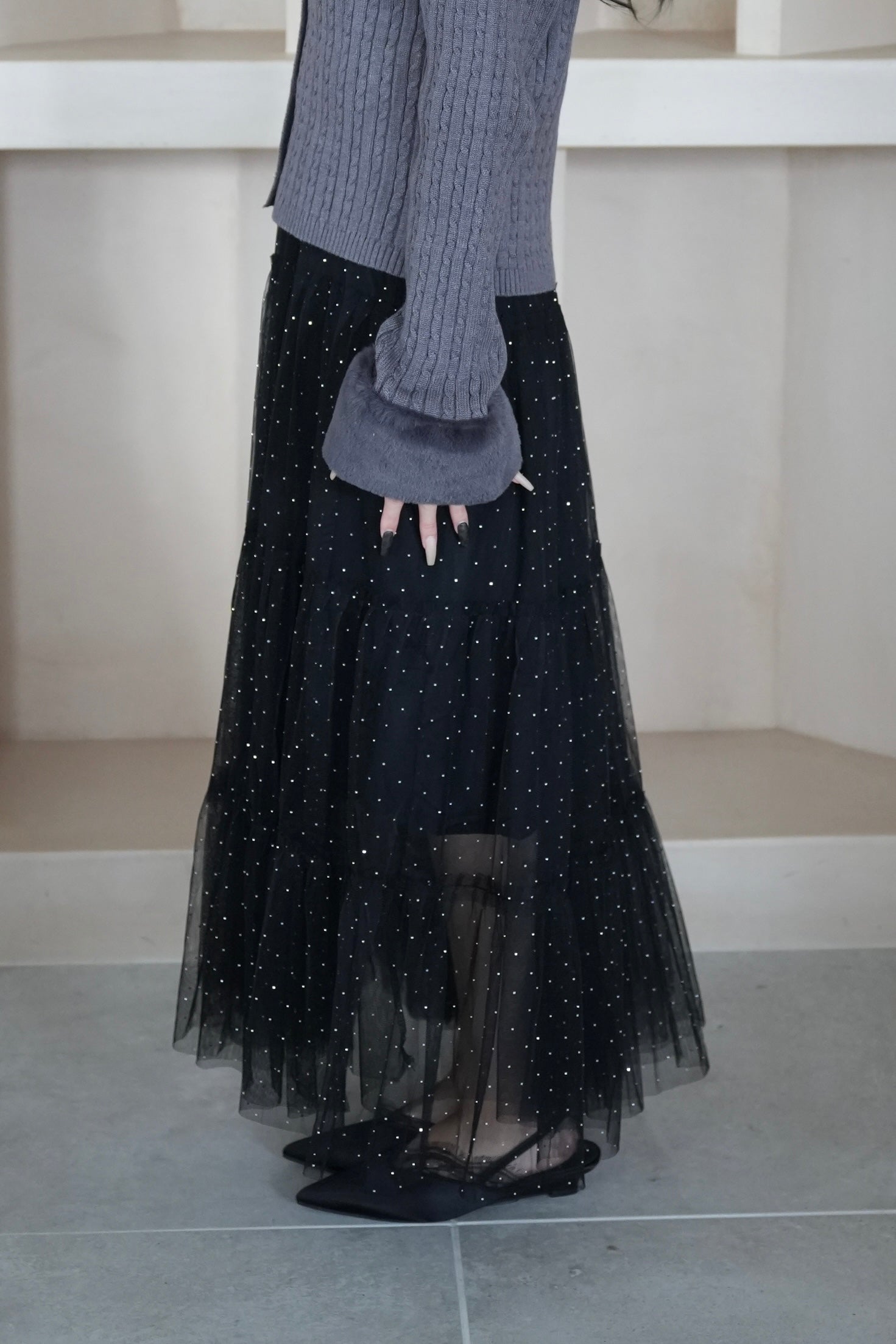 ビジューチュールティアードスカート