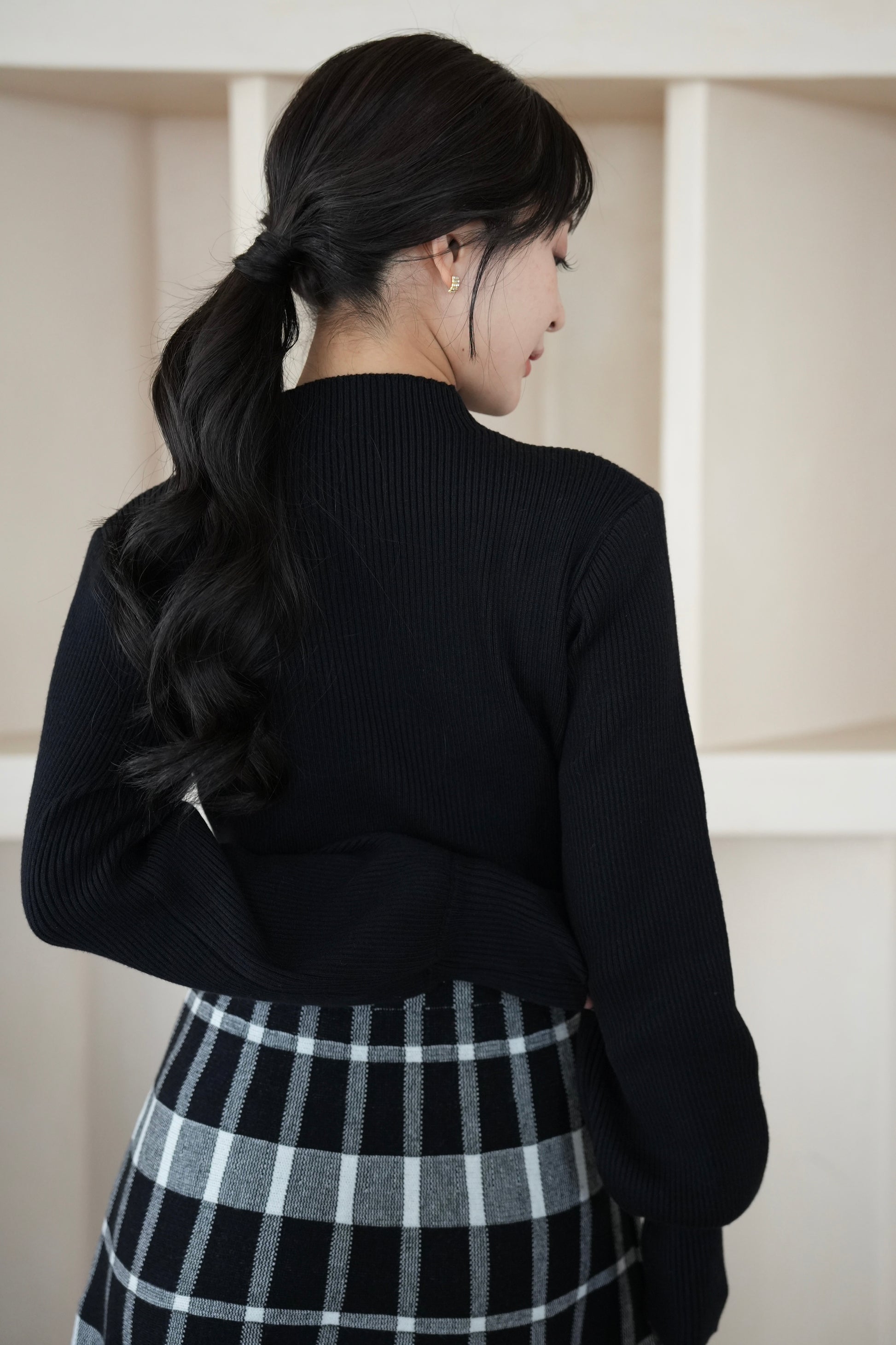ボリューム袖チェックニットワンピース